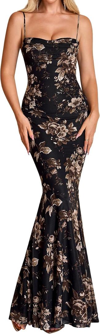 Formal Wedding Guest Maxi Dresses for Women Floral Spaghetti Strap Bodycon Elegant Cocktail Party Long Dress (Black)