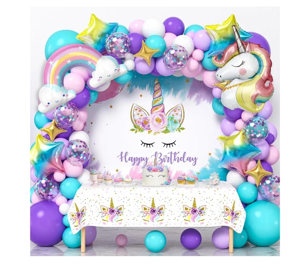 Unicorn Birthday Decorations Party Supplies for Girls, Purple Unicorn Balloon Arch with Backdrop Tablecloth Rainbow Star Foil Balloons, Princess Girls Unicorns Party Decorations Supplie