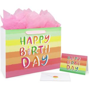 5 x Oletx 13" Rainbow Gift Bags Happy Birthday Party Favor Paper Bags Set with Tissue Paper Greeting Card for Women' Birthday Party, Wedding, Anniversaries, Monther's Day