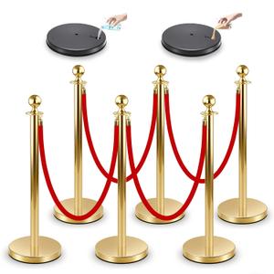 Gold Stanchions and Velvet Ropes 6pcs Stainless Steel Posts | 4pcs 5ft Red Velvet Ropes Crowd Control Barriers with Durable Refillable Base for Wedding, Party & Exhibition Events