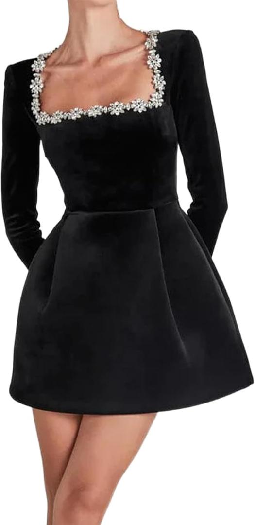 Women's Elegant Velvet Dress Long Sleeve Square Neck Pearl A Line Flowy Bridesmaid Cocktail Party Midi Dresses (Black, L)