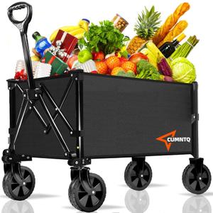 Collapsible Folding Wagon, 350lb Weight Capacity Collapsible Wagon with All-Terrain Wheels, Cup Holders and Adjustable Handle Utility Wagon, for Grocery Camping Garden Sports Shopping, Black (100L)