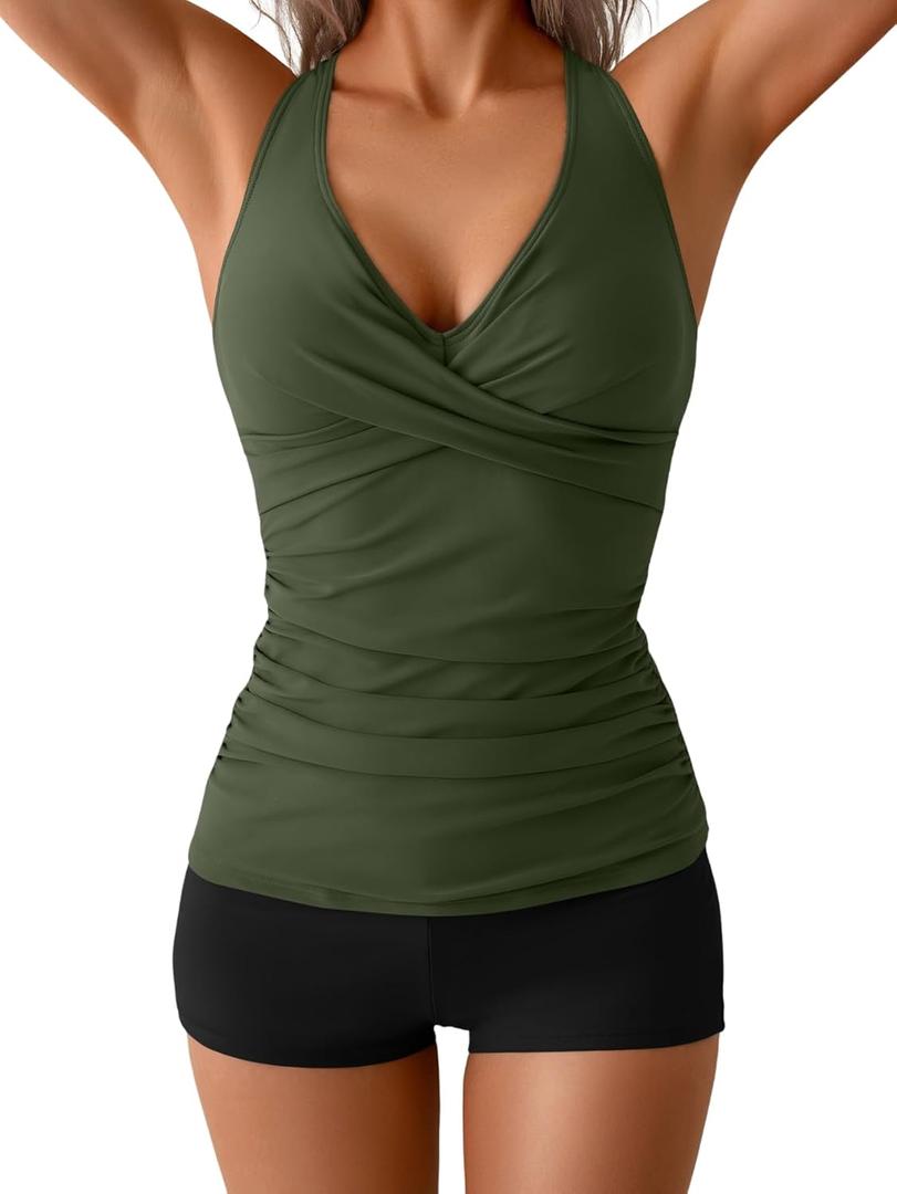 B2prity Women's Tankini Swimsuits Tummy Control Ruched Two Piece Bathing Suit V Neck Wrap Tie Back Swimwear with Shorts (Large, Army Green,black)