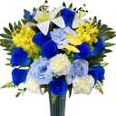 Artificial Cemetery Flowers with Vase for Grave Decoration - Headstones Memorial Flowers Bouquet- Blue Rose White Lily Carnation Yellow Hyacinth