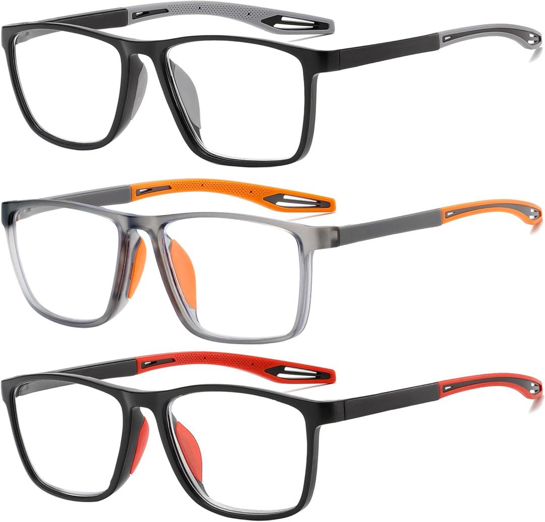 Reading Glasses for Men Sporty Design TR90 Blue Light Blocking Reader Comfortable and Flexible Lightweight +3.0 (Gray, Orange, Red)