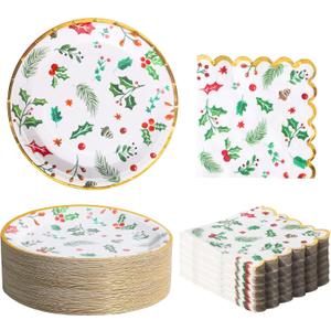 100PCS Bulk Christmas Plates and Napkins Party Supplies - Serves 50 PK - Xmas Seasonal Holly Paper Plates Disposable Dinner Plates Decorations Christmas Dcor