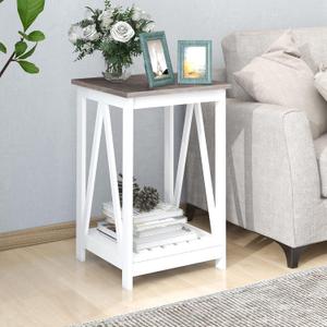Farmhouse Square End Table, Accent Side Table with Slats Design, Sofa Side Nightstand Table with Sturdy Frame for Living Room Bedroom, Oak Grey