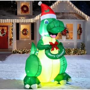 TRMESIA 5FT Dinosaur Indoor Outdoor Christmas Inflatable Decorations, Bright LED for Garden Yard Lawn Xmas Blow up Decor, Santa Hats and Christmas Wreaths.