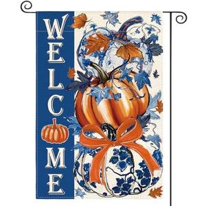 AVOIN colorlife Blue and White Chinoiserie Fall Garden Flag 12x18 Inch Double Sided Outside, Pumpkin Autumn Rustic Yard Outdoor Flag