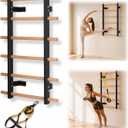 Swedish Ladder Wall Gym For Adults, Wall Mounted Stall Bars And Wall Bars With Yellow Suspension Trainer Straps, Compact Wooden Stretching Ladder For Home Fitness, Pull-Up, Mobility And Calisthenics