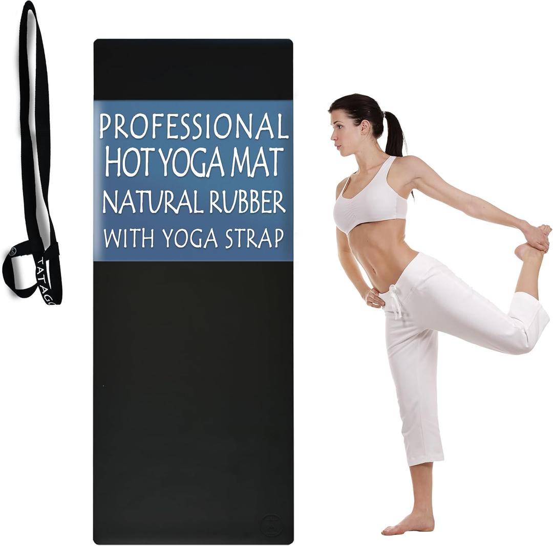 Tatago Hot Yoga Mat Non-Slip- Professional Grade Natural Rubber Yoga Mat, Pliates Mat, Stretching  Nonslip for Hot and Sweaty Classes. Includes a yoga Strap for Carrying and Stretching, 72 Inch