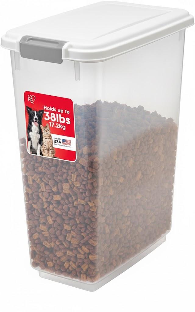 IRIS USA Airtight Dog Food Storage Container, Up to 38 lbs, Attachable Wheels, For Dog Cat Bird and Other Pet Food Storage Bin, Keep Fresh, Translucent Body, Easy Mobility, White