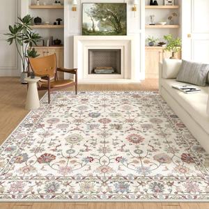LUXRUG Washable Area Rug 8x10 - Large Cream Colorful Boho Rugs for Living Room Soft Vintage Bedroom Rug Ultra-Thin Traditional Floral Carpet Farmhouse Rug for Dining Room Guest Room Home Decor