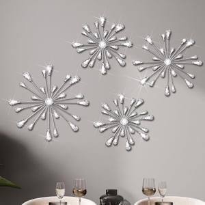 Hicarer 4 Pcs Starburst Wall Decor Bling Wall Art Crystal Teardrop 3D Hanging Rhinestone Radial Metal Artwork Modern Accent Sculptures Decorations for Living Room Home Office Bedroom(Silver)