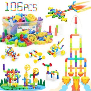 Ggiibro STEM Building Toy for Toddlers 106Pieces Tube Pipe Toy,Educational Preschool Game for 3+ Years,Learning Building Blocks Play with Storage Box Gift Kit,Montessori Toys for Boys & Girls