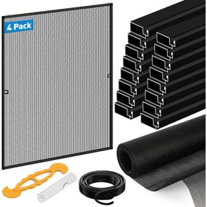 4 Pack Black Window Screen Frame Kit with Aluminum Frames Up to 46" X 46" | 46"X99" Heavy Duty Polyester Mesh for Windows Screen Replacement, Includes All Tools & Hardware for Home, Patio, Porch