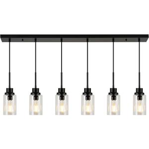 6 Lights Island Lights for Kitchen Modern Industrial Black Linear Chandeliers with Clear Glass Shade for Dining Room Kitchen Long Finish Ceiling Lighting Fixtures