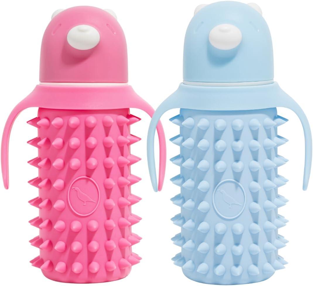 Tabor Place Glass Sippy Cup for Toddlers - Set of 2 Spikeys/ 1 Pink & 1 Blue / 8oz / Super Strong Glass/Leakproof Straw/Protective Silicone sleeve (8 oz, 2 Count)