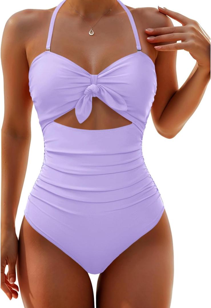 Tempt Me Women Purple Sexy Cutout One Piece Swimsuits Tummy Control High Waisted Halter Front Tie Knot Bathing Suit L