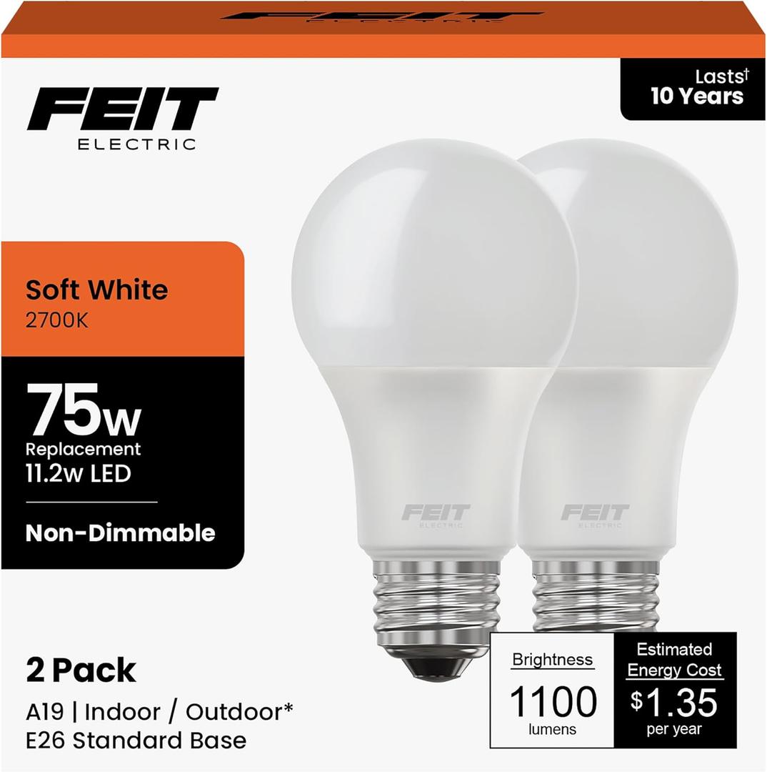 Feit Electric A19 LED Light Bulbs, 75W Equivalent, Non Dimmable, 1100 Lumens, E26 Standard Base, 2700k Soft White, 80 CRI, 10 Year Lifetime, Energy Efficient, 2 Pack, A1100/827/10KLED/2