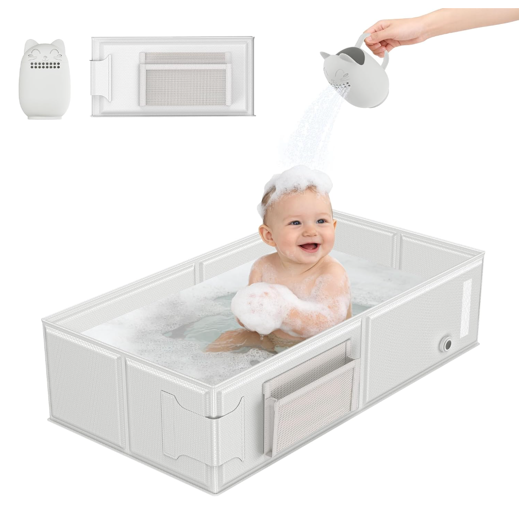 Baby Bathtub, Portable Bathtub with CatPatterned Bath Rinse Cup,Foldable Bath Tub for Small Bathroom,Toddler Tub for 6M5Y,Baby Travel Essentials for Hotel,Camping & Beach
