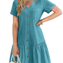 HOTOUCH Women Button Down Dress Loose Summer Cotton Linen Dress Ruffle Hem Casual Dress Short Sleeve Tunic Dress M