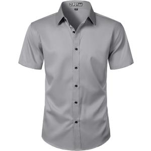 ZEROYAA Men's Short Sleeve Dress Shirt Casual Wrinkle Free Stretch Modern Slim Fit Button Down Shirts (Gray, XL)