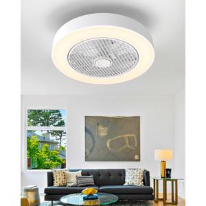 Enclosed Ceiling Fan with Light and Remote Control, Low Profile Ceiling Fan with Light, Dimmable Led 3 Color 6 Speeds, Timing Reversible Blades, White, 20 Inch