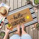 Moucuny 2 Pcs Summer Hello Sunshine Coir Door Mat 24'' x 35'' Black and White Striped Outdoor Rug 16'' x 28'' Yellow Sunshine Coir Doormat Non Slip Seasonal Welcome Doormat for Porch Front Decor