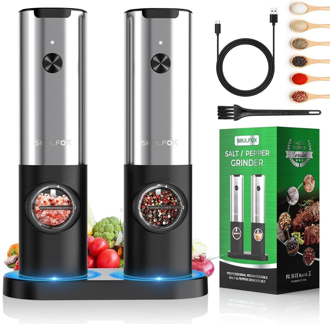 USB Rechargeable Electric Salt and Pepper Grinder Set - White Light, One Hand Operation, Adjustable Coarseness, Refillable - By SoulFox (2.5*2*8.5inch, Stainless Steel)