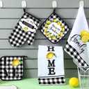5 Pieces Buffalo Plaid Kitchen Towels Oven Mitts and Pot Holder Set Black and White Kitchen Towels Oven Gloves, Hot Pads Pot Holders for Farm House Accessories Decor(Lemon)
