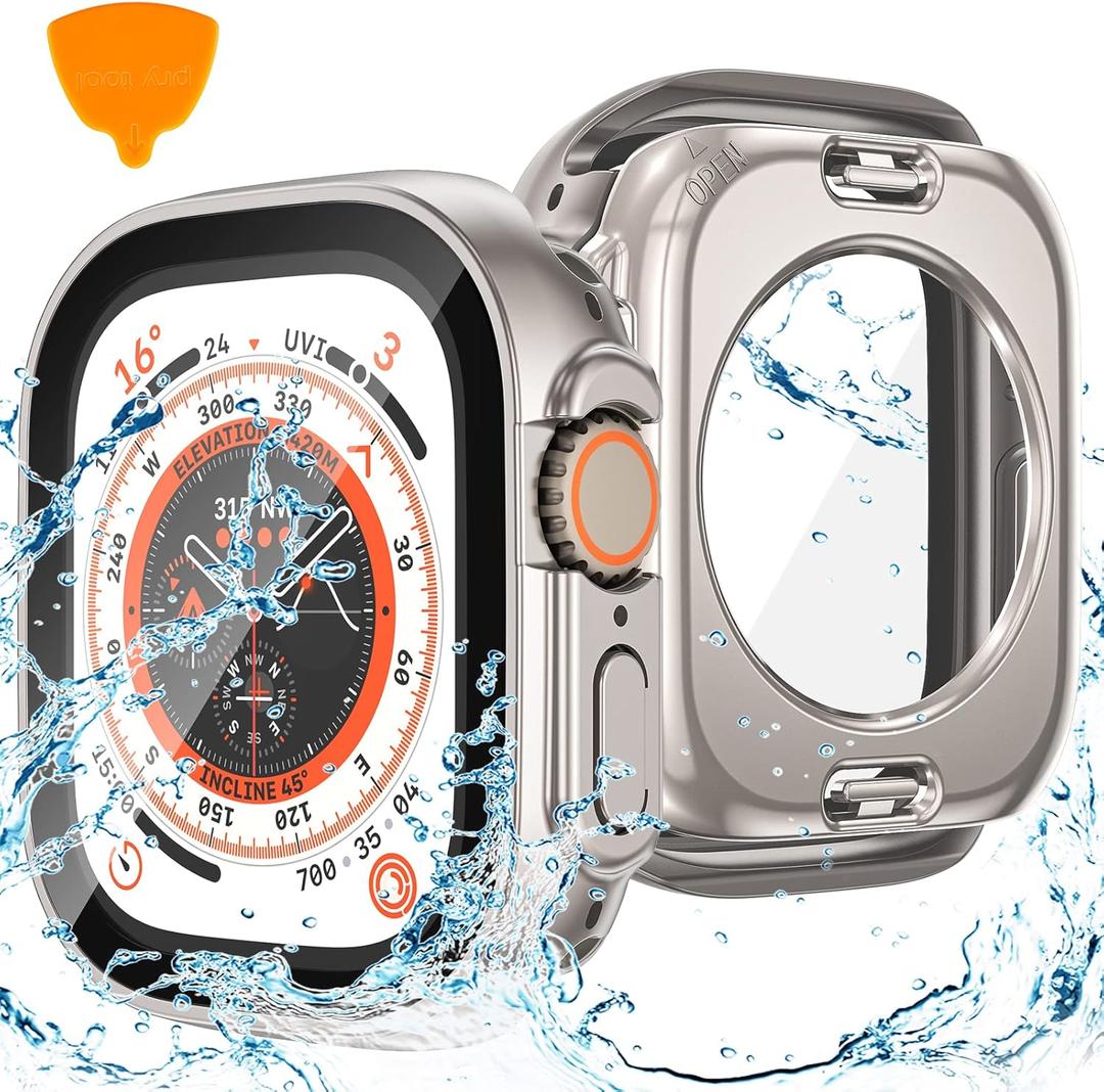Goton 2 in 1 Waterproof Case for Apple Watch Ultra Ultra 2 2024 Screen Protector 49mm, 360 Protective Glass Face Cover Hard PC Bumper + Back Frame for iWatch Ultra Accessories 49 mm, Titanium