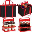 2 Pcs Reusable 6 Cup Drink Carrier with Handle and Insulated Bag for Hot and Cold Drink/Food, Foldable Plastic Cup Holder and 16 x 10 x 13'' Drink Carrier Cooler Bag for Travel and Delivery