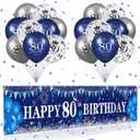 Blue 80th Birthday Decorations for Men Women, Navy Silver Happy Birthday Yard Banner, Balloons for Anniversary Party Supplies
