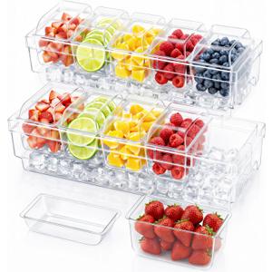 Lifewit Chilled Condiment Containers with Lids 2 Pcs, Plastic Taco Bar Serving Set for Party with 5 Containers, Ice Garnish Tray for Mimosa Bar Supplies, Clear Serving Platter for Fruit, Salad, Snack