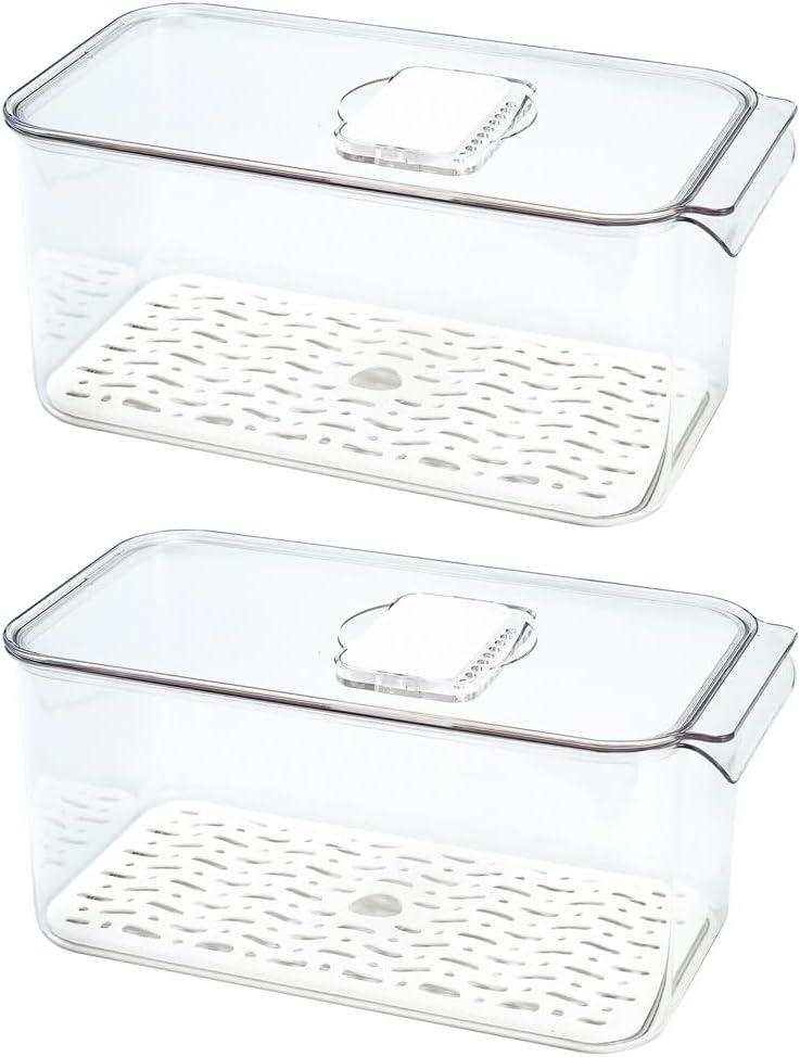 SANNO Produce Saver Refrigerator Organizer Bins with Lids And Removable Drain Tray Food Storage Container Fridge Stackable Freezer Bins For Kitchen Produce Fruit Vegetable (Set of 2) (12.4 x 6.4x 5.7"+12.4 x 6.4x 5.7")