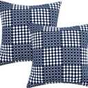 JELLYMONI Pack of 2 Decorative Plaid Linen Throw Pillow Covers Farmhouse Christmas Pillowcovers Rustic Woven Textured Boho Pillowcase for Sofa Couch Bed (Blue, 18x18in)