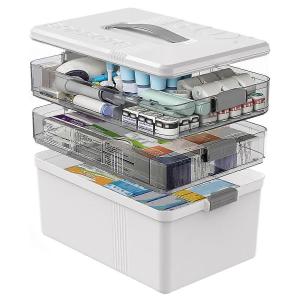 Gifhomfix 3 Tier Medicine Cabinet Organizer Large Capacity Medicine Organizer, Portable Medicine Box with Handle, Multipurpose Medical Box with Removable Tray, First Aid Boxes Empty, White