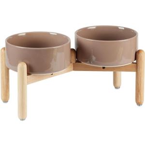 Ceramic 7.3inch Raised Double Bowls Set with Wooden Stand, Food & Water Bowls for Medium Breed Dogs, Weighted Dog Dishes, Pet Feeder(Brown Coffee)