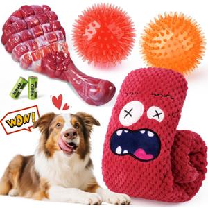 KIPRITII Long-Lasting Heavy Dog Chew Toys for Aggressive Chewers  6 Pack Tough Dog Toys Include Indestructible Chew Bone, Interactive Tug Toys & Squeaky Balls, Ideal for Medium & Large Breeds Dogs (colorful)