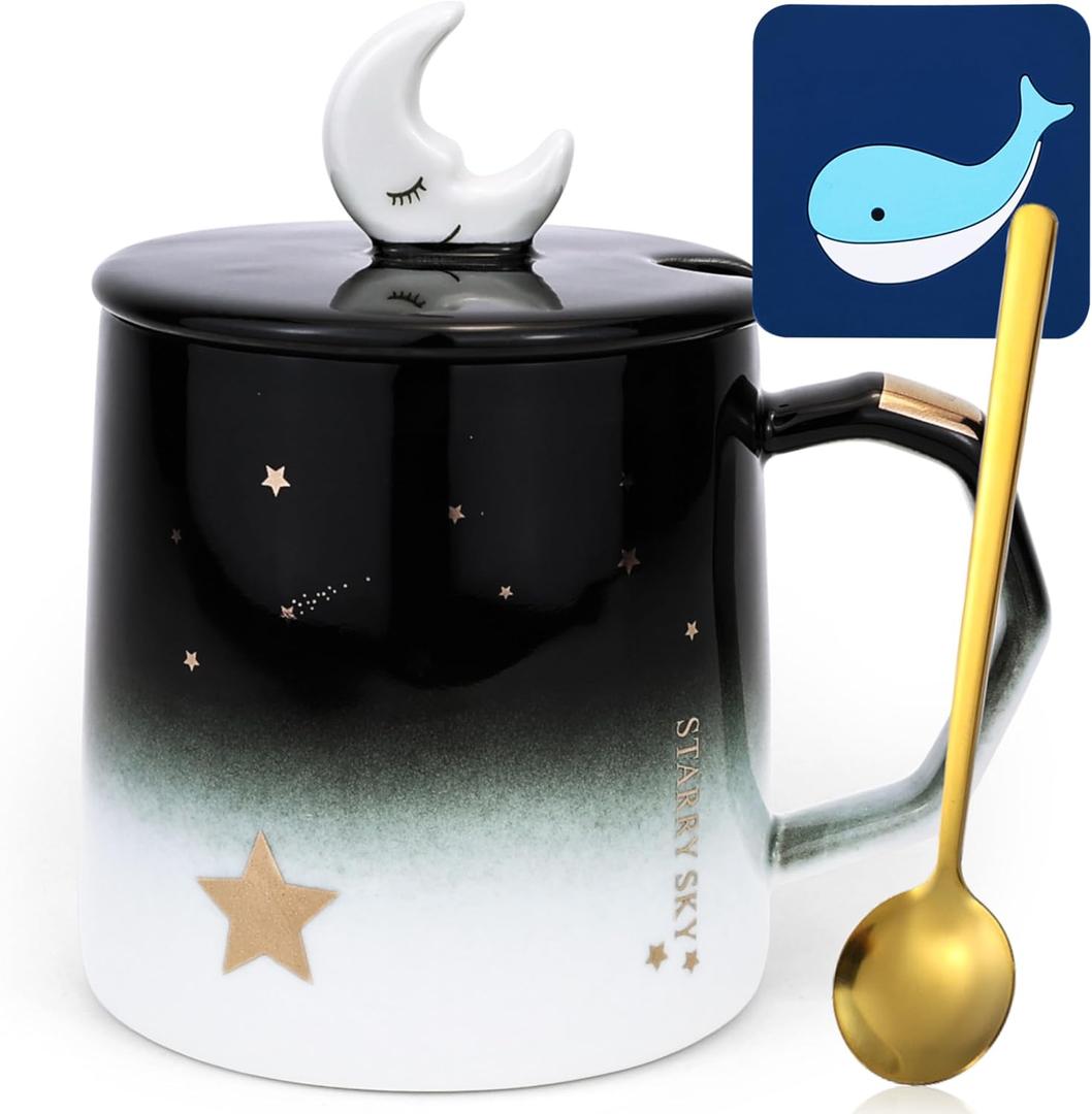 Cute Mug With Lid Star & Moon 3d Cup Gift Funny Coffee Mugs 420 ml/14 oz Tea Cups With Spoon & Coaster Tea Coffee Mug Cute Birthday Gift For Girlfriend Women Girls