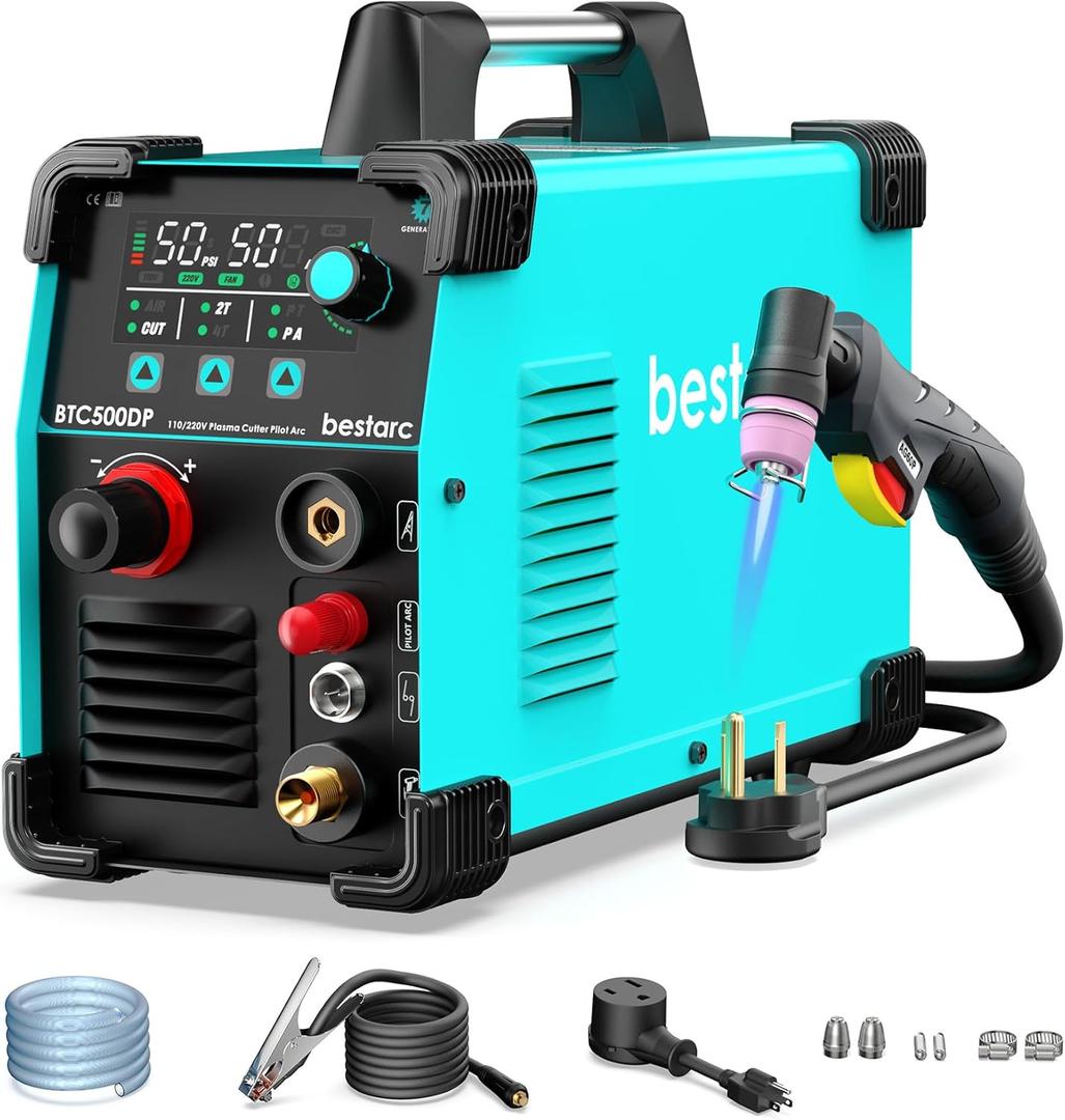 Plasma Cutter, [Pilot Arc] [Large LED Display] [Air Sensor Technology] 50Amps Cutter Machine 110/220V Dual Voltage IGBT Inverter 5/8 Inch Clean Cut, Post Flow 2T/4T for Home DIY BTC500DP