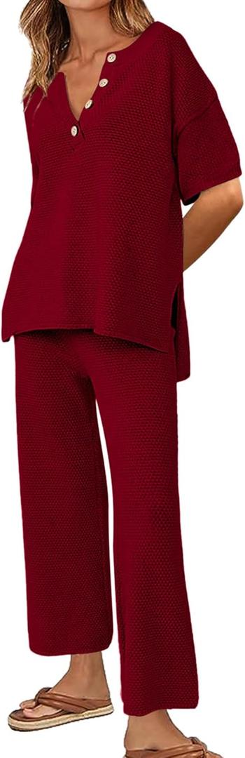 Ekouaer Womens Outfits 2 Piece Knitted Lounge Sets Pullover Top with Hight Waist Pants Pajama Sets Wine, Small