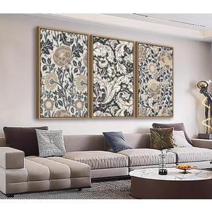 Large Flowers Wall Art for Living Room Natural Wood Float Framed Art Set of 3 William Morris Floral Canvas Pictures Vintage Artwork Botanical Canvas Poster Prints for Bedroom Wall Decor 16"X24"X3 (Brown)