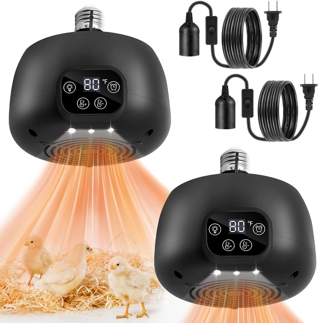 2 Pack Chicken Coop Heater 200W with Lighting and Temperature Control Chicken Heating Lamp with Digital Display 5Ft Cable Brooder Heater for Reptiles, Remote not Include