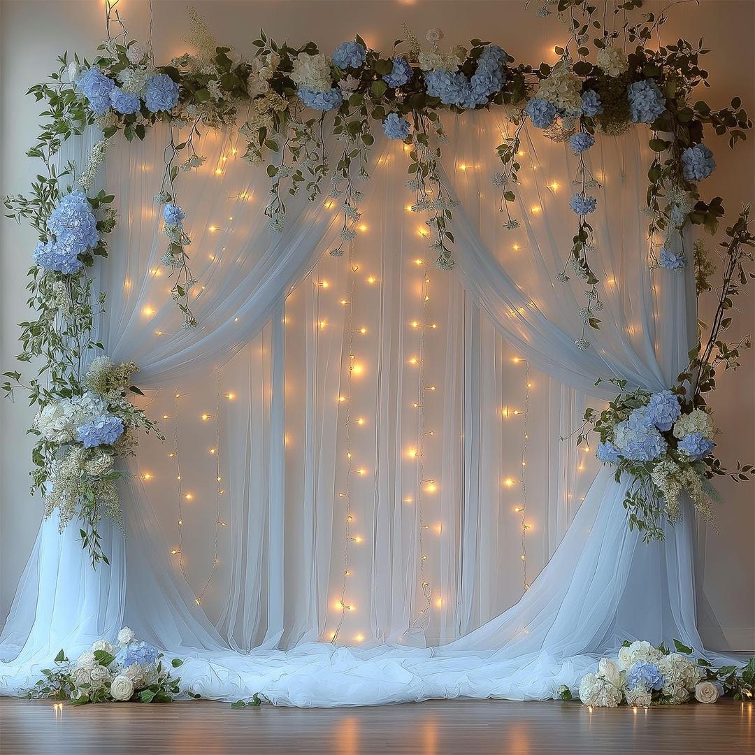 10x10ft Baby Blue Tulle Backdrop Curtain with Lights String Sheer Drapes for Baby Shower Decorations for Boy, Bridal Shower, Photo Booth, Birthday Party Decor (2 Panels)
