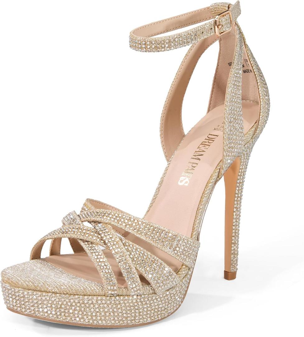 DREAM PAIRS Women's Platform Stiletto Heels Open Toe Ankle Strappy High Heels Fashion Wedding Dressy Pump Sandals Shoes (10, Gold-glitter)