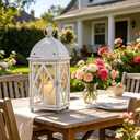 17" Vintage Distressed White Metal Lantern, Glass Paneled Hanging Candle Lantern, Rustic Farmhouse Decor for Indoor & Outdoor Patio, Garden, Wedding & Entryway Display