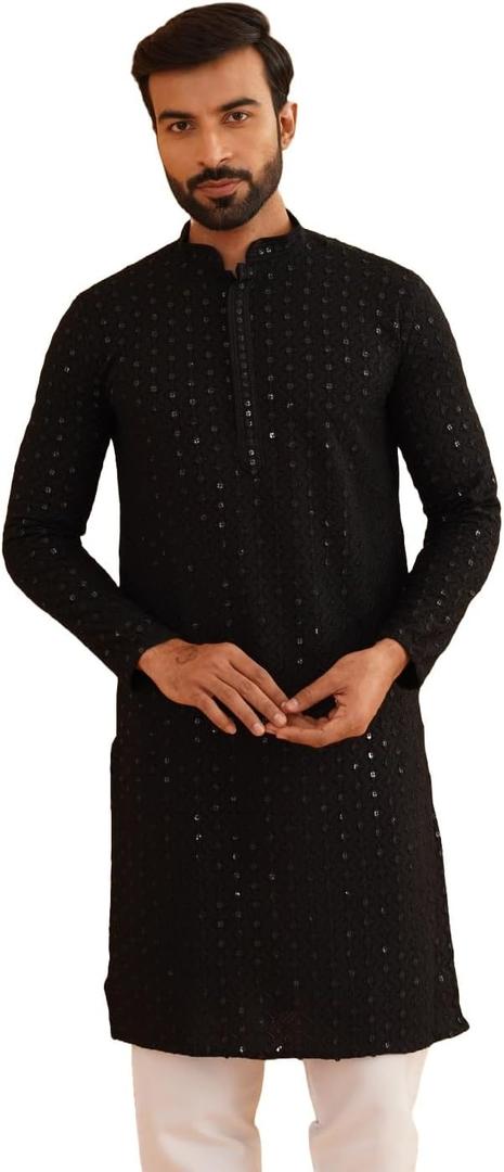 Sojanya (Since 1958 Men'S Ethnic Motifs Embroidered Sequinned Cotton Long Kurta (Black, S)