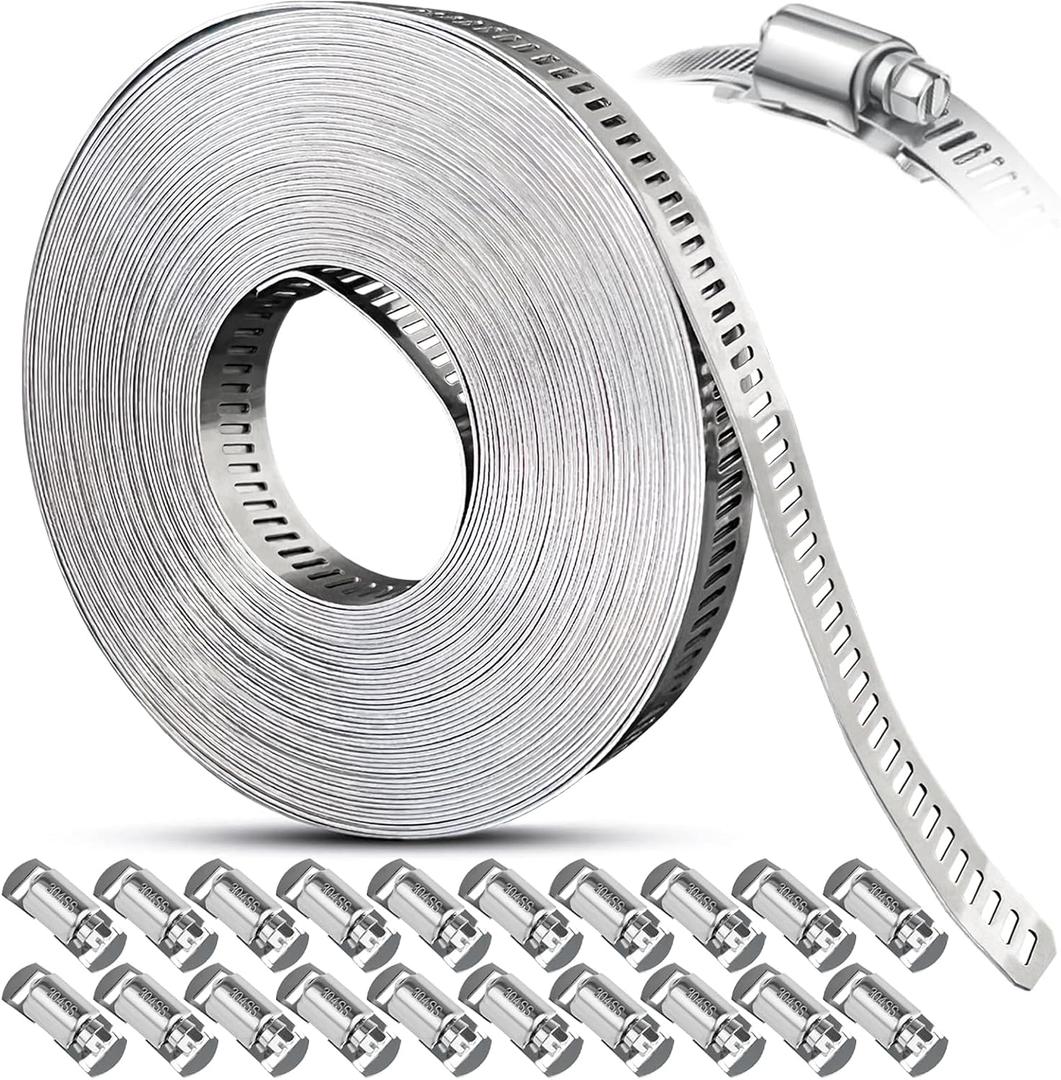 Hose Clamps Stainless Steel, Large Worm Gear Duct Pipe Hose Clamp Assortment Kit, Band Fittings Strap, 32.81FT Adjustable Metal Bolt with 20 Stronger Fasteners Screw for Plumbing Auto Tube Fuel Line